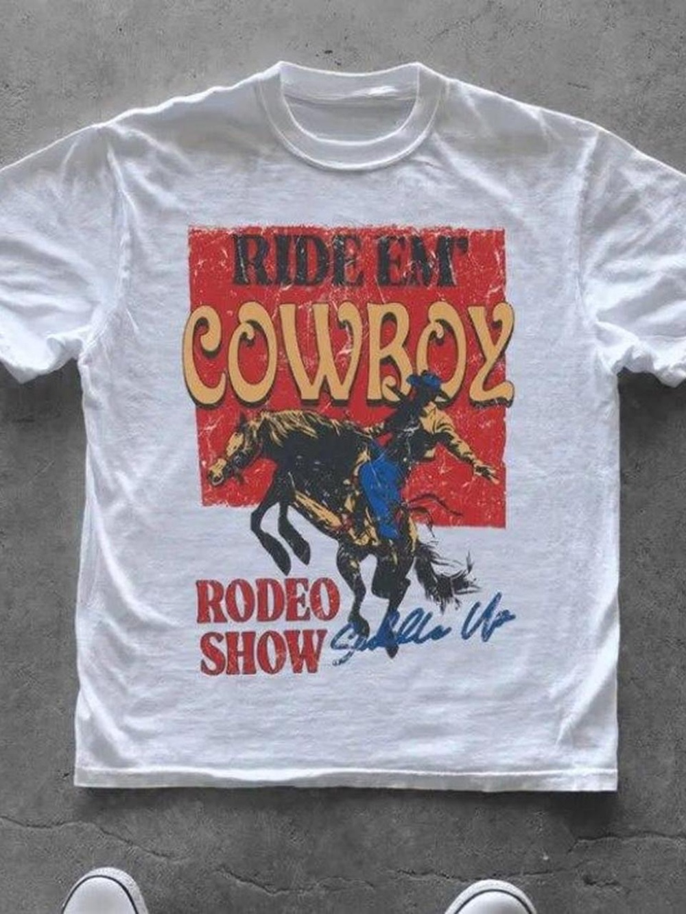 Gildan White Kids Rodeo Graphic Tee with Red & Yellow Print